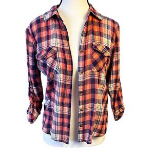 Forever 21 Womens Plaid Button-Up Shirt Sz M Coral & Navy Casual Western Top
